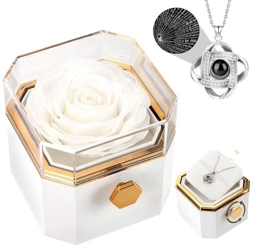 FAYODO Ewige Rose mit Halskette Damen,Drehbare Infinity Rosenbox Geschenke für Frauen,Mama,Oma,Valentinstag, Muttertag,Geburtstage,Hochzeitstag mit Ich Liebe Dich Kette in 100 Sprachen(Weiß)