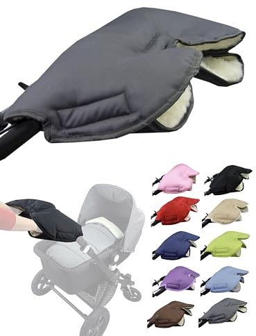 BAMBINIWELT Handmuff mit Lammwolle – warmer Handwärmer für Kinderwagen, Buggy & Radanhänger – wasserfest, winddicht & waschbar – Universalgröße, ideal für Winterspaziergänge, Farbe: dunkelgrau