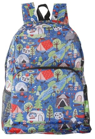 ECO CHIC Lightweight Foldable Water Resistant Backpack Rucksack Folds into Pouch for Storage (Cosy Camping Blue)