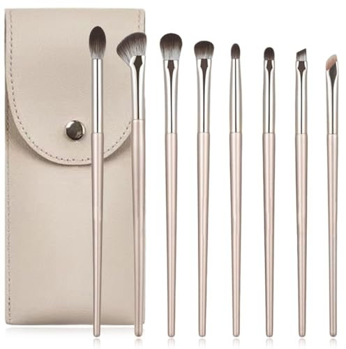 COYUN Juego de 8 Pinceles de Maquillaje con Estuche de Cuero, Cepillo de Cejas Plano, Pincel de Delineador Biselado, Aplicador de Sombra de Ojos para Dar Forma a las Cejas, Aplicar Reflejos y Sombras