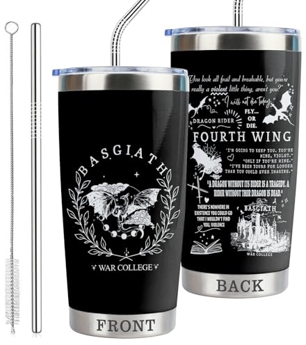 4th Wing Gift Basgiath War College 20oz Stainless Steel Insulated Tumbler with Lid and Straw Fantasy Bookish Gift Dragon Travel Coffee Mug (Tum-FW Black)