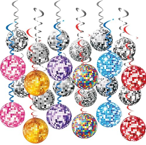 24 Pcs Disco Ball Decorations,Disco Ball, Party Decorations,Disco Spiral Colors and Spiral Silver,Ceiling Decor for Retro Disco Fever Party Birthday Party Favors Supplies