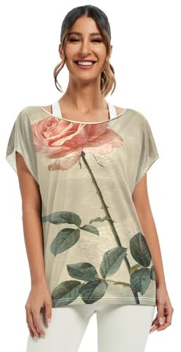 Vintage peinture à l'huile rose rose dames chauve-souris tops épaule haut, hauts de soirée pour femmes, Vintage Peinture à l'huile Rose Rose 1, Taille L