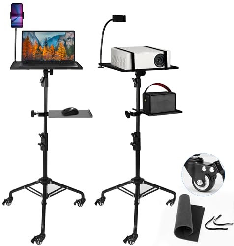 STEADUS Projector Stand Tripod – 24 to 59 Inch Adjustable Height – Dual Shelves Laptop Tripod Stand with Moveable Wheels and Phone Holder, Portable Laptop Floor Stand for Office, Stage & Outdoor Use