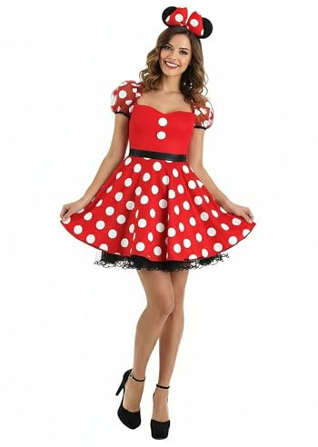 Women's Minnie Mouse Polka Dot Costume | Dress and Headband for Adults Disney Halloween Party Outfit
