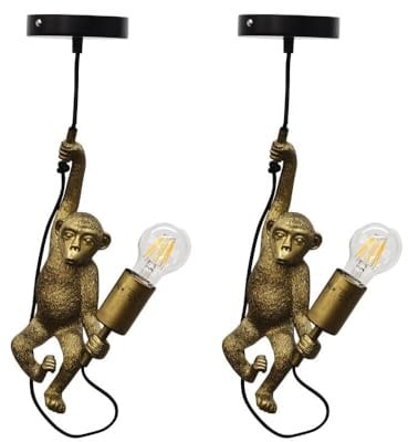 firstchoicelighting Set of 2 Norman - Black and Gold Monkey Pendant
