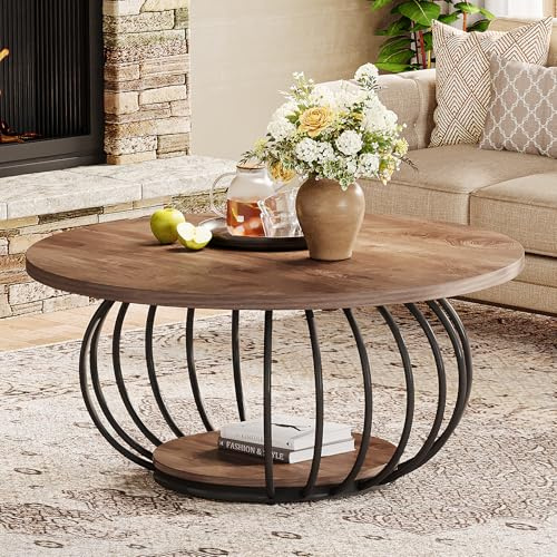 Tribesigns Runder Couchtisch mit Stauraum, 2-stöckiger Metallrahmen, 100 x 100 x 46 cm, Holzmaserung, moderner Wohnzimmer-Mitteltisch