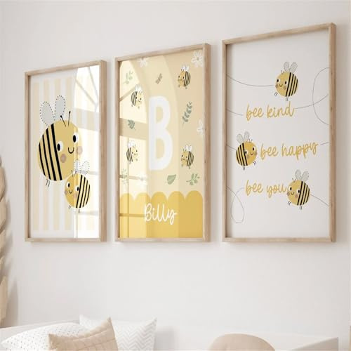 AQCQDQ Poster Kinderzimmer, 3er Set Bilder, Niedliche Biene Wandbilder, Babyzimmer Deko, Leinwandbilder für Schlafzimmer und Wohnzimmer, Ohne Rahmen (30x40 cm)