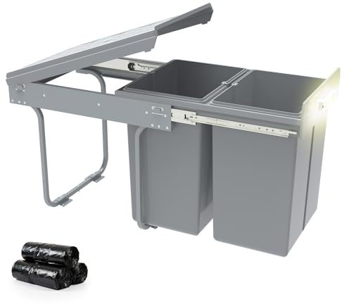 Soontrans Mülleimer Küche Unterschrank, Einbaumülleimer Küche mit 2x 20L Ausziehbarer Abfalleimer, Teleskopschienen, Mülleimer unter Spüle, Stahl und Kunststoff, Abfallsammler Mülltrennsystem(Grau)