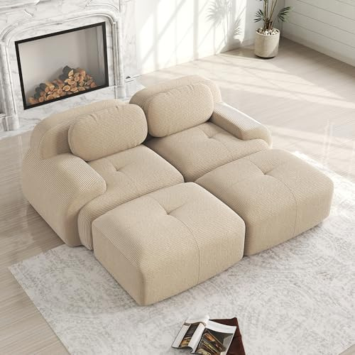 Bladez Modernes Cord Sofa Modulares Schlafsofa mit Ottoman Hocker, Ohne Montage, Cloud Polstersofa Couchs mit Schlaffunktion, für Wohnzimmer (Beige, 2-Sitzer+2)