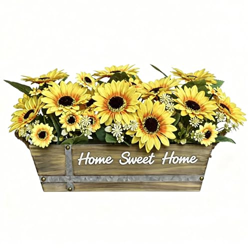 HOPEME Composizione di girasoli artificiali in scatola di legno marrone rustico, 3 mazzi di girasoli finti con cartello Home Sweet Home, centrotavola da tavola per la casa