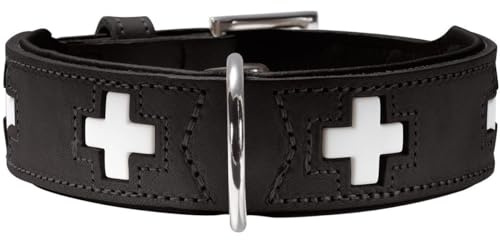 HUNTER Swiss Hundehalsband | weiches Rindnappaleder, mit Schweizer Kreuze, hochwertige Handarbeit, Made in Germany, Farbe: Schwarz, Größe: 47