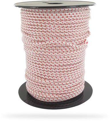 GREENSTAR - Corde De Lanceur - Diamètre 3,5mm - Haute Qualité - Pour Tondeuse, Débroussailleuse, Tronçonneuse & Plus - En Polyamide Blanche - Liseré Rouge - Rouleau De 100m