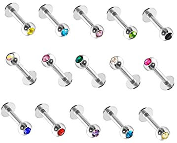 LEEQ 15 Pieces inless Steel Labret Lip Bar Ring Body Piercing Cartilage Tragus, 16 Gauge, 15 Colors by LEEQ