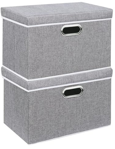Yawinhe 2 Stück Aufbewahrungsboxen mit Deckel, Faltbare Stoffbox mit Griffen, Boxen Aufbewahrung, für Schlafzimmer, Kleideraufbewahrung, 38x25x25cm, Grau, SNK023GL-2