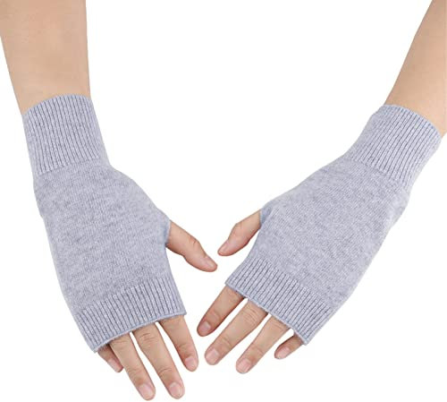 Zngou Cashmere Fingerless Gloves, Unisex Thumb Hole Wrist Warmers Fingerless Gloves Grey Winter Warm Half Fingerless Mittens For Men Women Ladies Christmas Gifts