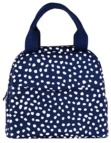 Steel Mill & Co Isolierte Lunch-Tragetasche für Damen, große Kapazität, Kühlbox, Mini-Kühler mit Reißverschluss, Taschen und stabilen Griffen (marineblaue Punkte)