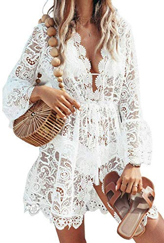Springcmy Frauen Sexy Lace Hollow Crochet Bikini Cover-ups Floral Mini Beach Dress Beachwear Badeanzug (White, Large)
