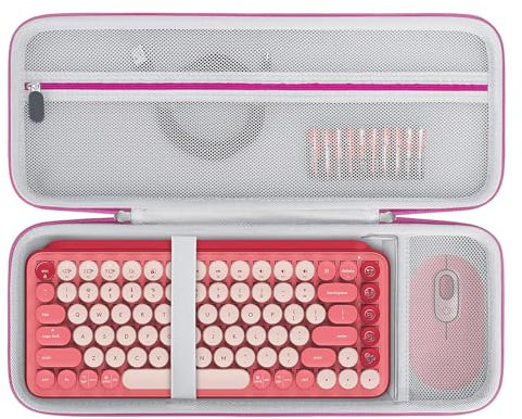 BOVKE Hard Carrying Case Compatible with Logitech POP Keys Mechanical Wireless Keyboard and POP Wireless Mouse Combo, Mesh Zipper Bag for Cables, Batteries, Emoji Keys, Rose (Case Only)