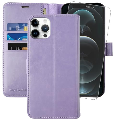 MONASAY Custodia a portafoglio per iPhone 11 Pro Max 5G, 6,5, [pellicola protettiva in vetro inclusa] [blocco RFID] Flip Folio in pelle con porta carte di credito per Apple 11 Pro Max, lavanda