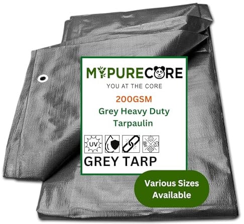 MYPURECORE Grey Tarpaulin – Waterproof & Heavy Duty 200 GSM Tarp – Large, Durable Tarp for Car, Garden, Home – UV, Dust, Rain, Snow Protection – Versatile Groundsheet for Camping & Outdoor (3m x 5m)
