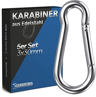 GARSIDURO® Edelstahl Karabiner - 5er Set mit 3x30 mm | Rostfreie Karabinerhaken DIN 5299 | Feuerwesen Karabiner mit Schnappverschluss für Schlüsselanhänger oder Schwerlast