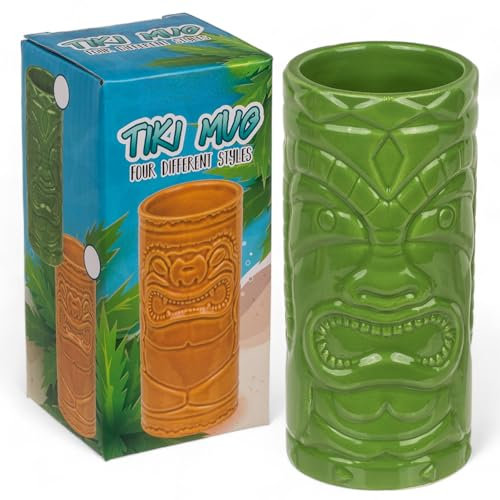 MIJOMA Tiki Becher Tiki Glas aus Keramik, Hawaii Cocktailbecher Cocktailgläser für Tiki Bar Cocktailparty Rockabilly, spülmaschinengeeignet wiederverwendbar, ca. 14 cm x 6,5 cm (Grün)