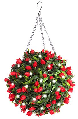 Best Artificial 28cm Pre Lit Tulip Topiary Ball with 30 Bright White LED Waterproof Battery Lights (Red)