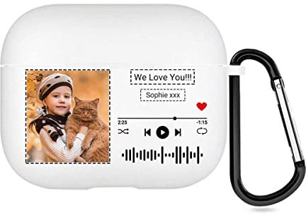 Custodia personalizzata per AirPods di Apple AirPods 3a generazione 2021, custodia protettiva in stile musicale con testo e foto, custodia regalo personalizzata con portachiavi (bianco)