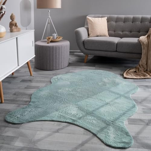 Wohnzimmer Teppich Unifarben Flauschig Modern Kunstfell Kurzflor, Farbe: Türkis, Größe:60x90 cm Fell-Form