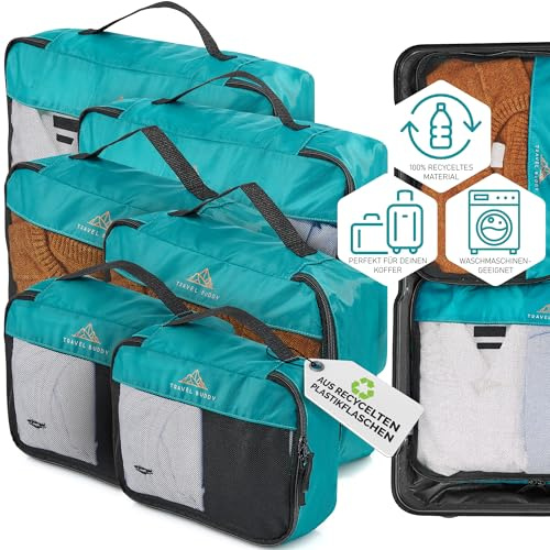 TRAVEL BUDDY® Koffer Organizer Set - 100% Recycling Material - Ultra leicht & waschbar - 6 Packtaschen Petrol für deinen Koffer