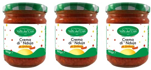Valle del Crati Nduja Creme | Italienische Würzige kalabresische Nduja-Creme mit Chili Pfeffer und Olivenöl | Gewürz für Fleisch, Pasta, Vorspeisen | 3 Glas mit 180 g