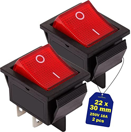2 Piezas Interruptor Bipolar Rojo Luminoso 250V 16A 4 Fastons DA 6,3mm 22 x 30 mm Cuerpo Negro Garantía de 10 Años - MONTERAL