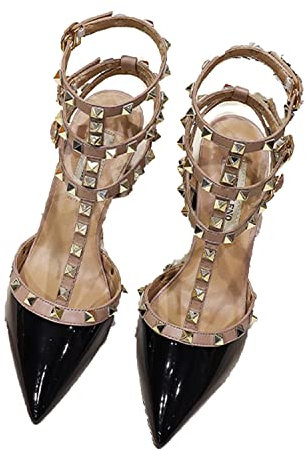 Spitzer Zehenabsatz für Damen, modischer Nieten, niedriger Block, klobige Pumps, mit Nieten besetzt, T-Riemen, Knöchelriemen, Schnalle, Kleid, Sandalen, geschlossene Zehen, klassische,Schwarz,39