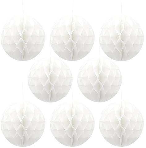 Ruidee 8 Stück Papier Wabenbälle 20cm Honeycomb Balls Pompons aus Seidenpapier Wabenpapier Papierkugeln Hängende Dekoration für Party Hochzeit Geburtstag (8in/White)