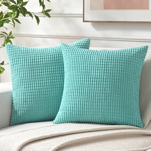 NAVIBULE Cord-Kissenbezüge, weich, dekorativ, einfarbig, quadratisch, für Couch, Bett, Sofa, 40,6 x 40,6 cm, Türkis, 2 Stück