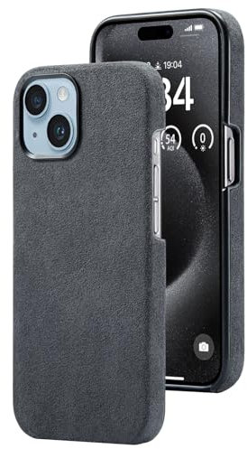 AKANTRA Alcantara Hülle für Apple iPhone 15, handgefertigt, halb umwickelt, synthetische Wildlederhülle, kompatibel mit Magsafe Wireless Charging (iPhone15, Schwarz)