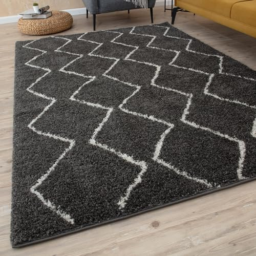 THE RUGS Modern Moroccan Design Living Room and Bedroom Rugs, Non-Shedding & Easy Care (Boho Dark Grey/Ivory, 200x290 cm)