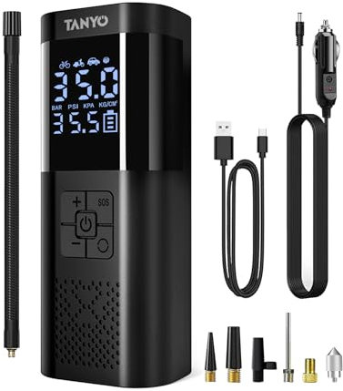 TANYO Tyre Inflator Air Compressor Cordless, 150 PSI Car Tyre Pump, Portable Digital Electric Bike Pump, Rechargeable Tyre Pump Suitable for Cars, Motorcycles, Bicycles and Sports Balls.