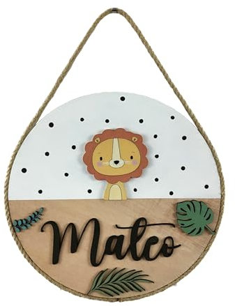 Placa de madera personalizada con nombre. 13 modelos a elegir. Decoración dormitorio bebé. Regalo bebé personalizado (León)