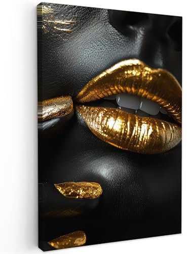 MuchoWow© Leinwände Groß 80x120 cm XXL Wall Decoration Bilder für die Wand Schlafzimmer Deko Pictures Canvas Painting Wanddekoration Wohnzimmer Gold - Lippen - Porträt - Abstrakt - Luxus