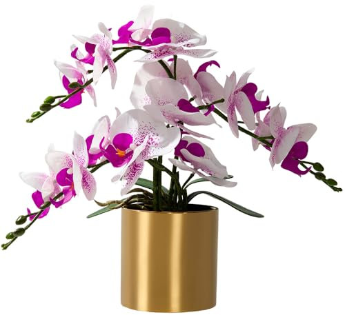 LESING Künstliche Orchidee mit Vase, realistische Orchideen, künstliche Orchidee, Bonsai-Pflanzen im Topf, Arrangement für Zuhause, Hochzeit, Party, Esstisch, Tischdekoration (weiß-lila, goldene Vase)
