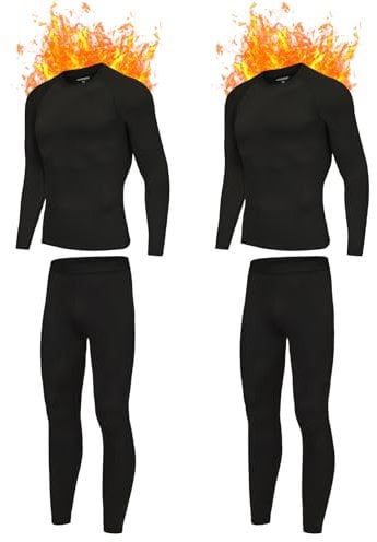 AMZSPORT Schwarzes Thermounterwäsche Set für Herren, Ideales Winter-Set zum Skifahren und Laufen, Enthält Atmungsaktive Funktionsunterwäsche sowie eine Thermohose, Schwarz-2Sets XL