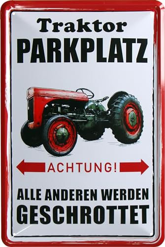 WOGEKA ART Retro Blechschild - Achtung! Traktor Parkplatz - Nostalgie Deko Schild als Geschenkidee für Trecker Fans zu Geburtstag Weihnachten 20x30 cm Metallschild 862
