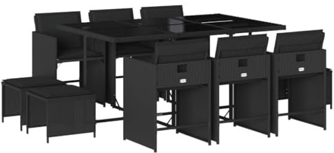 vidaXL Garten Essgruppe 11-TLG., Gartenmöbel Set mit Kissen, Gartengarnitur Tisch 6 Stühle 4 Hocker, Sitzgruppe Sitzgarnitur, Schwarz Poly Rattan