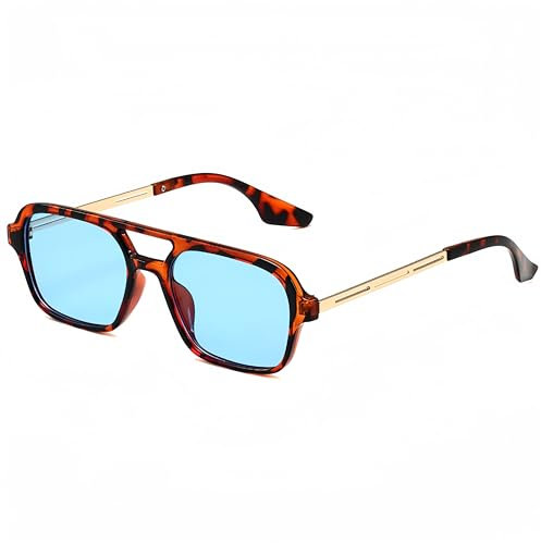 WDZAYXC Trendy Vintage Square Sonnenbrille für Damen und Herren Metall Design,UV 400 Schutz(leopard/Blau)
