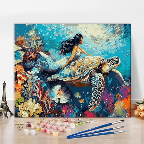 Sirène Peinture par Numéros Kit - Monde Sous-marin Bricolage Tortue Géante - Oeuvre d'Art Moderne sur Toile pour Décoration Murale - 40,6 x 50,8 cm