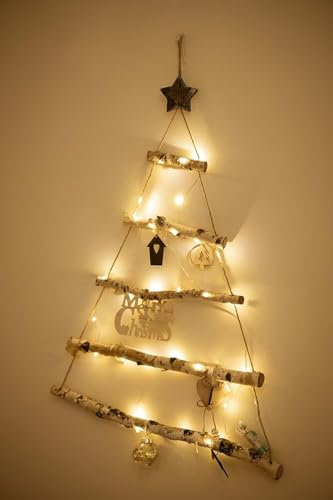 Marco Paul Christmas Wooden Ladder Tree Hanging LED Lights - Rustic Space Saving Wall Tree Fairy Lights - Xmas Vintage Style Wall Mountable D.I.Y Scandinavian Shabby Chic Festive LED Decoration (82cm)