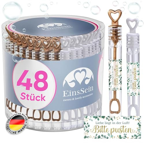 EinsSein Seifenblasen Hochzeit mit Aufkleber Herzgläschen Set Bronze-Gold - Weiss | Gastgeschenke für die goldene Hochzeit Taufe Geburtstag Valentinstag Verlobung Party| Hochzeitsseifenblasen mit