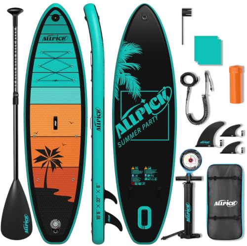 ALLPICK SUP Board Set, Stand Up Paddling Board Aufblasbar,200kg(Orangegrün)